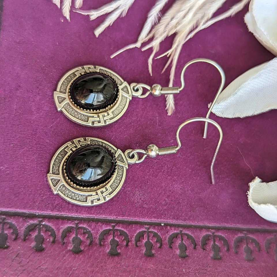 Antiqued Silver Onyx Earrings, Art Deco Jewelry, Greek Key Earrings, Vintage Glamour, Natural Crystal Jewelry Gift for Her