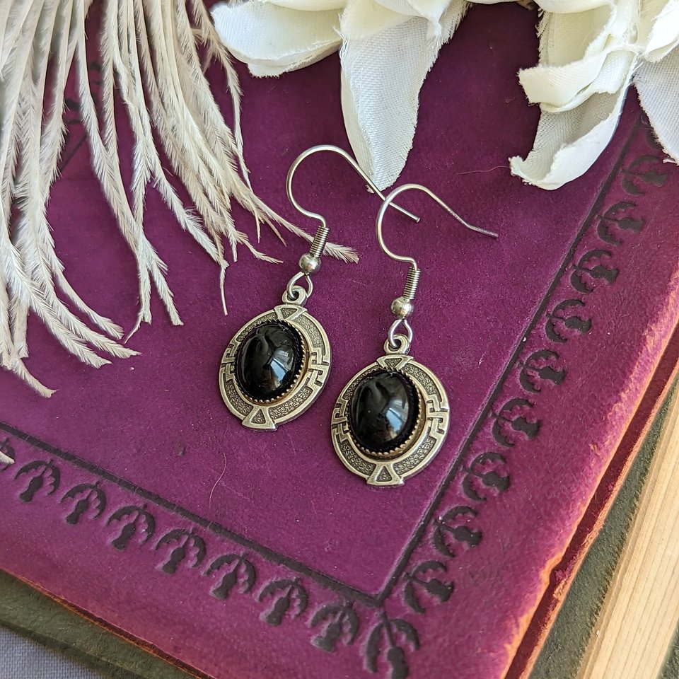 Antiqued Silver Onyx Earrings, Art Deco Jewelry, Greek Key Earrings, Vintage Glamour, Natural Crystal Jewelry Gift for Her