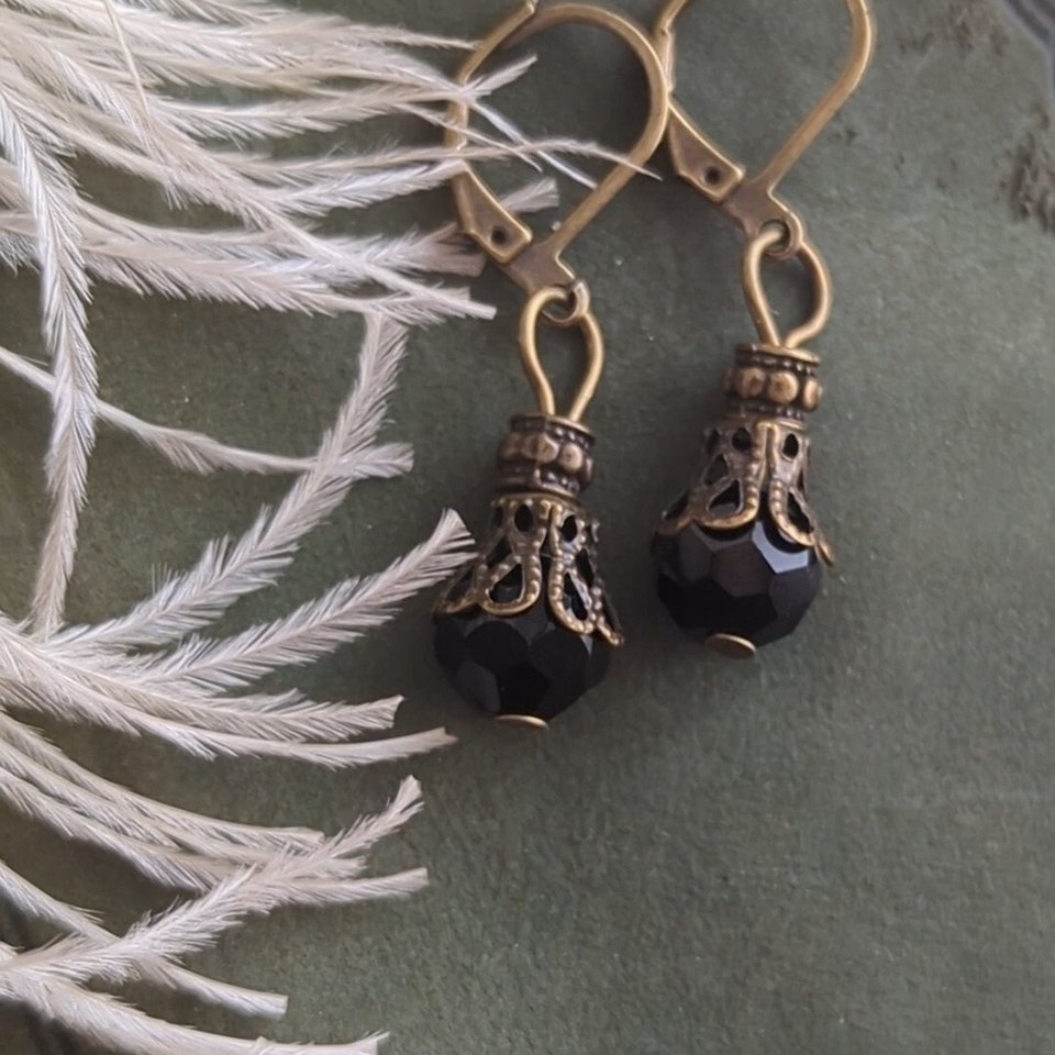 Onyx Drop Earrings, Regency Era Earrings, Vintage Style Earrings, Victorian Earrings, Art Nouveau Era, Historical Costume Jewelry