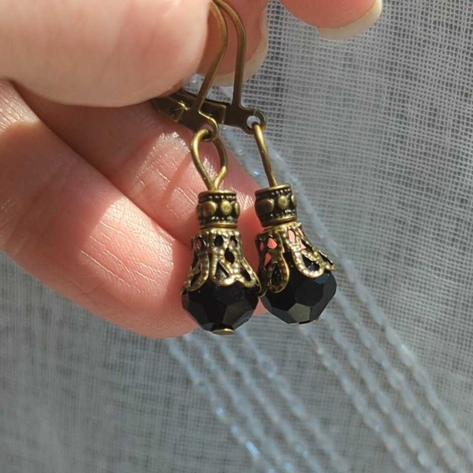 Onyx Drop Earrings, Regency Era Earrings, Vintage Style Earrings, Victorian Earrings, Art Nouveau Era, Historical Costume Jewelry