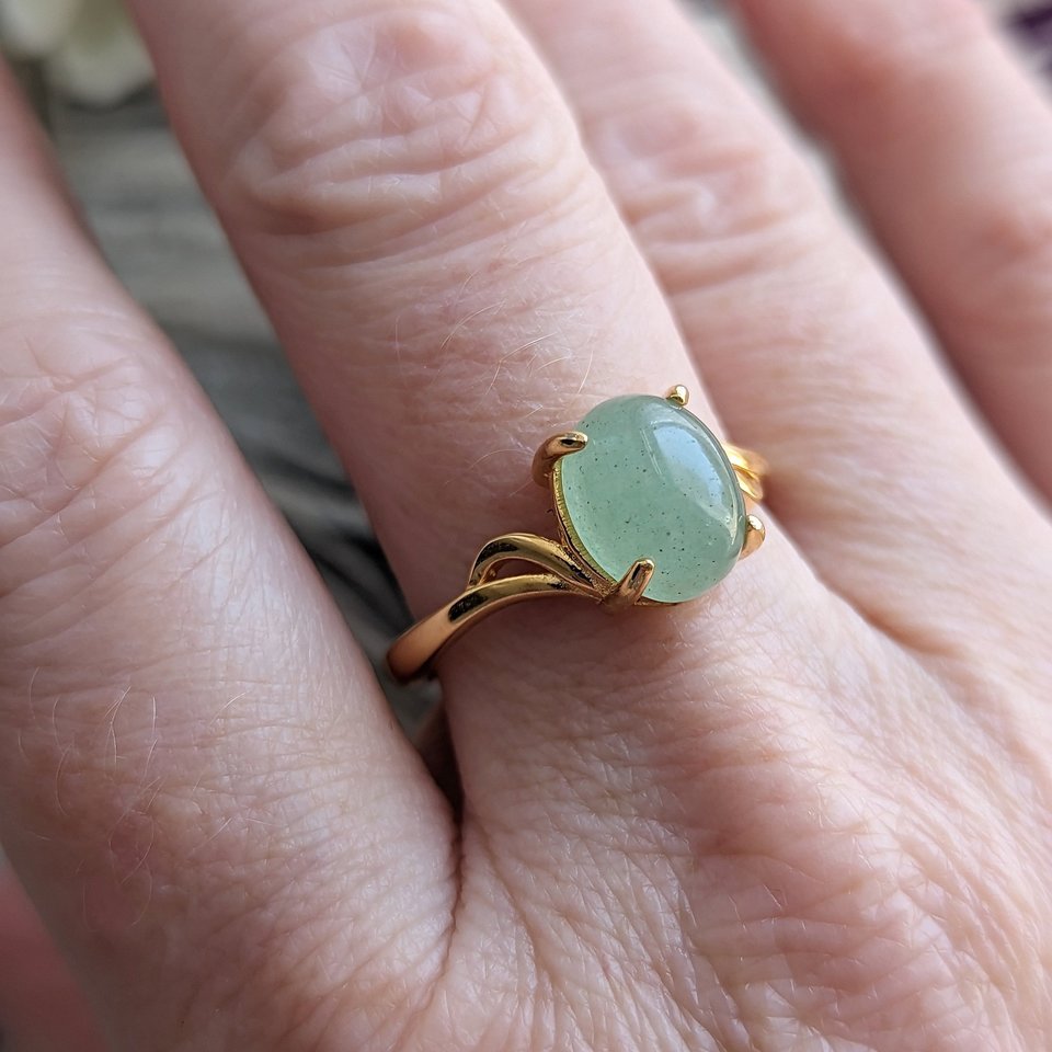Natural Aventurine Ring, Gold Vermeil 925 Sterling Silver Ring, Semiprecious Gemstone Jewelry, Adjustable Size