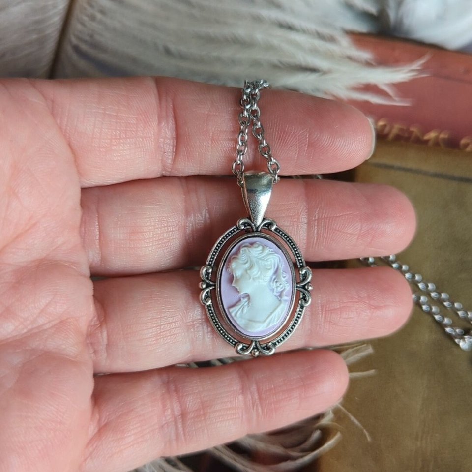 Purple Cameo Necklace, Oval Victorian Pendant, Vintage Style Jewelry Gift 