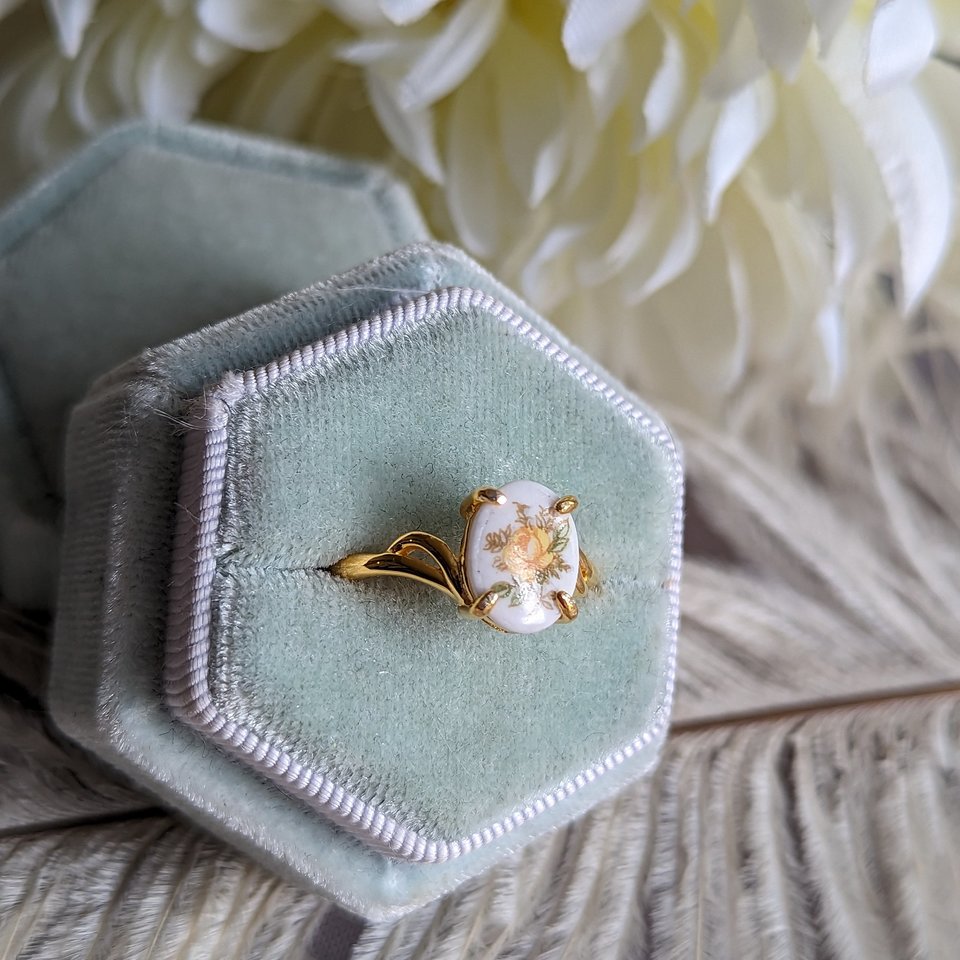 Yellow Rose Ring, Limoges Style Flower Ring, Gold Vermeil 925 Sterling Silver Ring, Victorian Cameo Jewelry, Adjustable Ring, Gift for Her