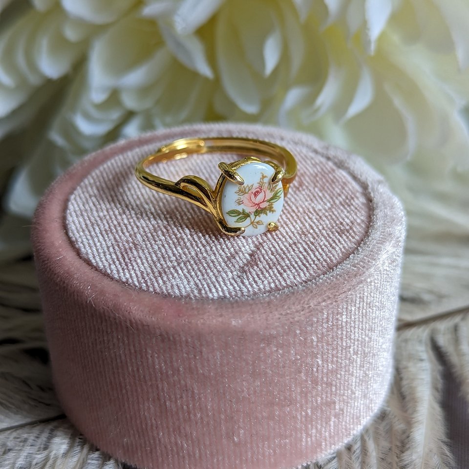 Pink Flower Limoges Style Ring, Gold Vermeil over 925 Sterling Silver Ring, Victorian Cameo Jewelry, Adjustable size, Gift For Her