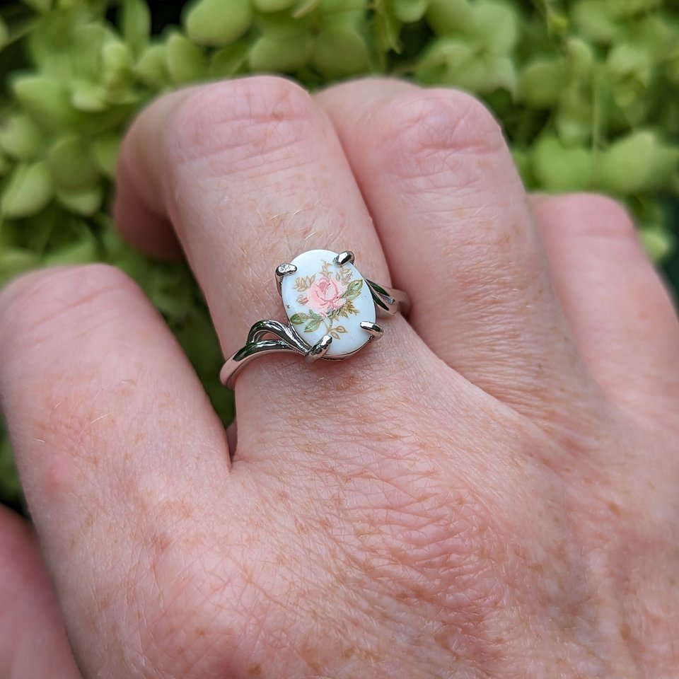 Pink Flower Limoges Style Ring, Gold Vermeil over 925 Sterling Silver Ring, Victorian Cameo Jewelry, Adjustable size, Gift For Her