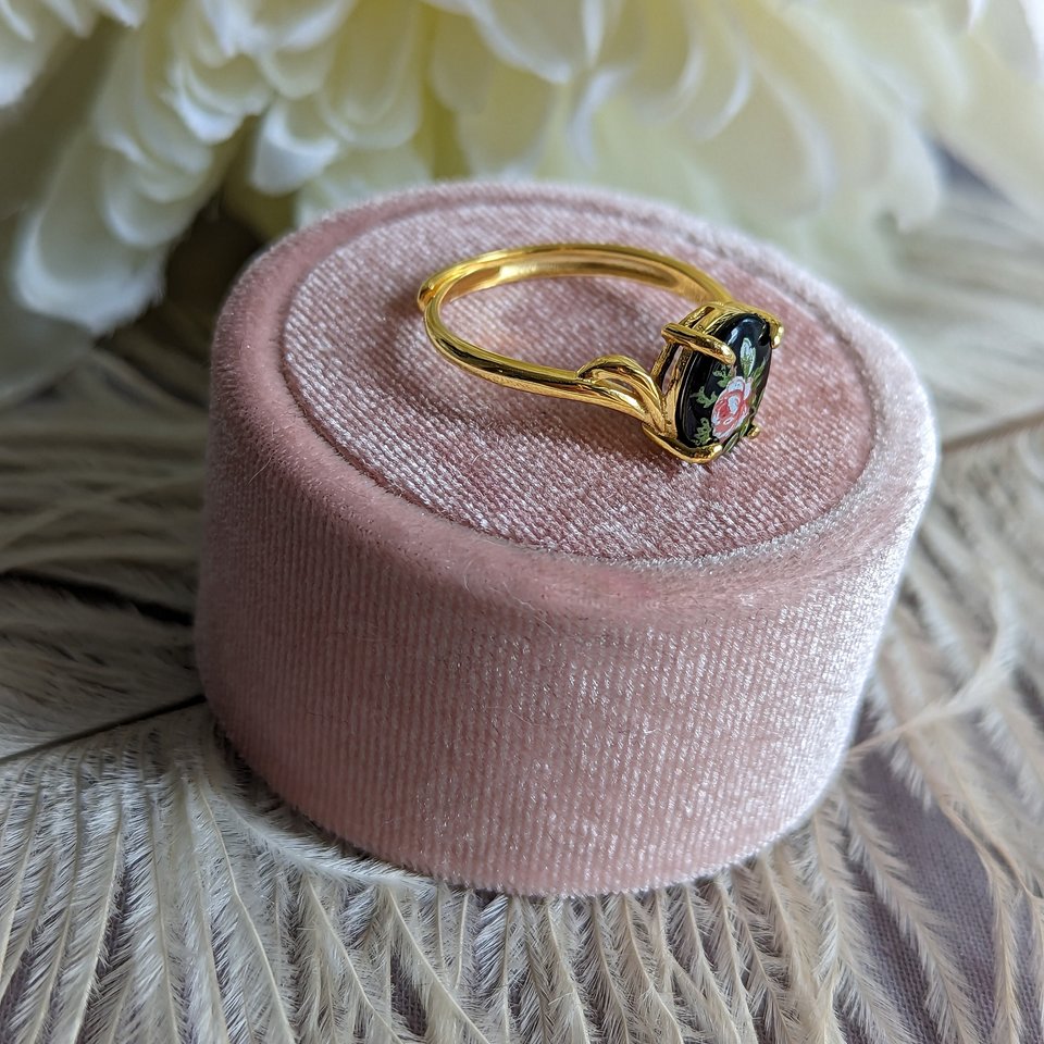 Flower Cameo Ring, Limoges Style, Gold Vermeil 925 Sterling Silver Ring, Victorian Ring, Cameo Jewelry, Adjustable Ring, Old Fashioned Ring