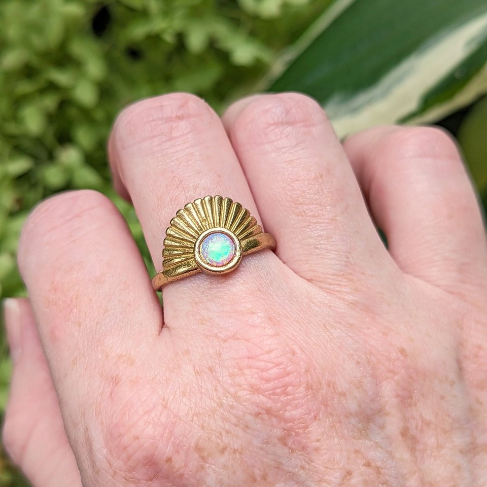 Gold Sunburst Opal Ring, Vintage Art Deco, Birthstone Jewelry October Birthday Gift for Girlfriend, Adjustable Size