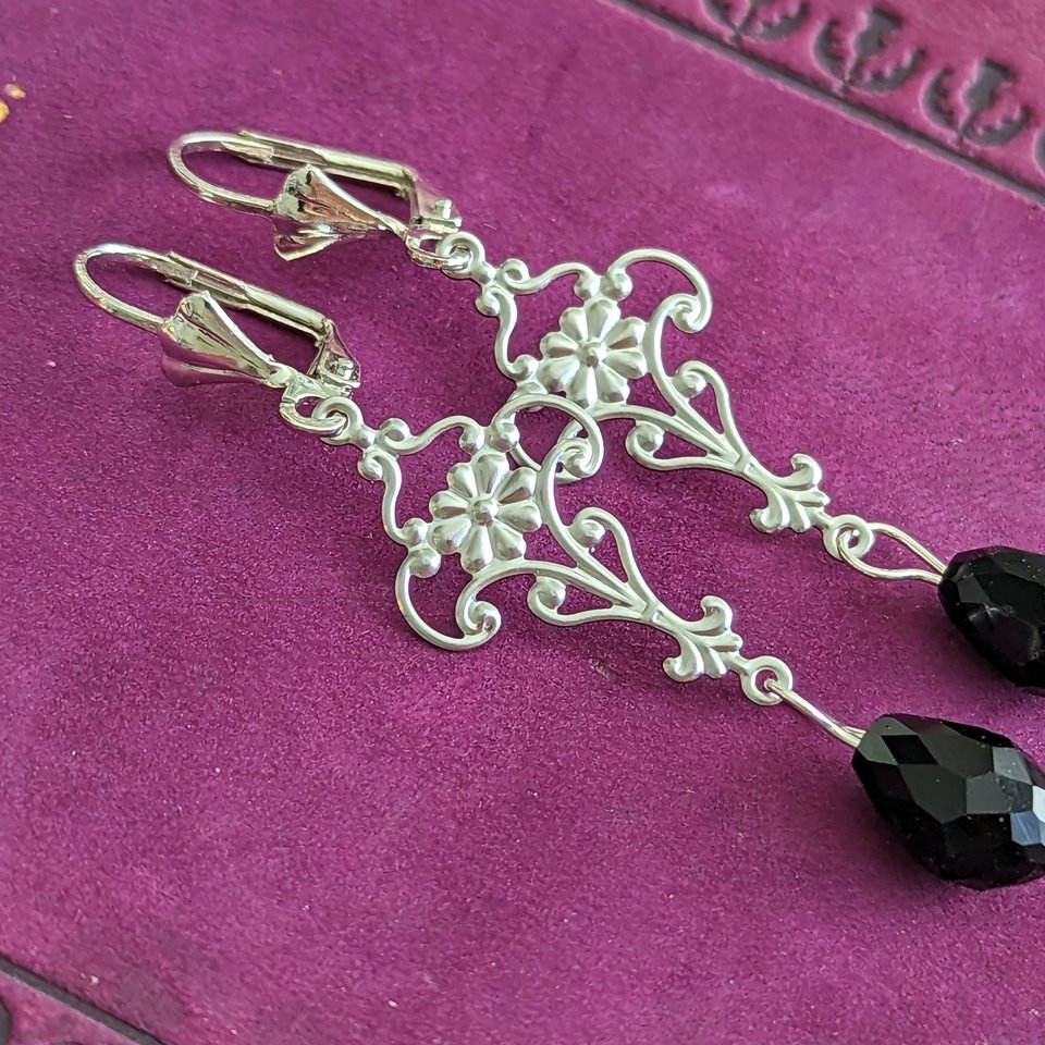 Gothic Black Bead Earrings, Silver Floral Earrings, Victorian Jewelry, Regency Era, Vintage Style