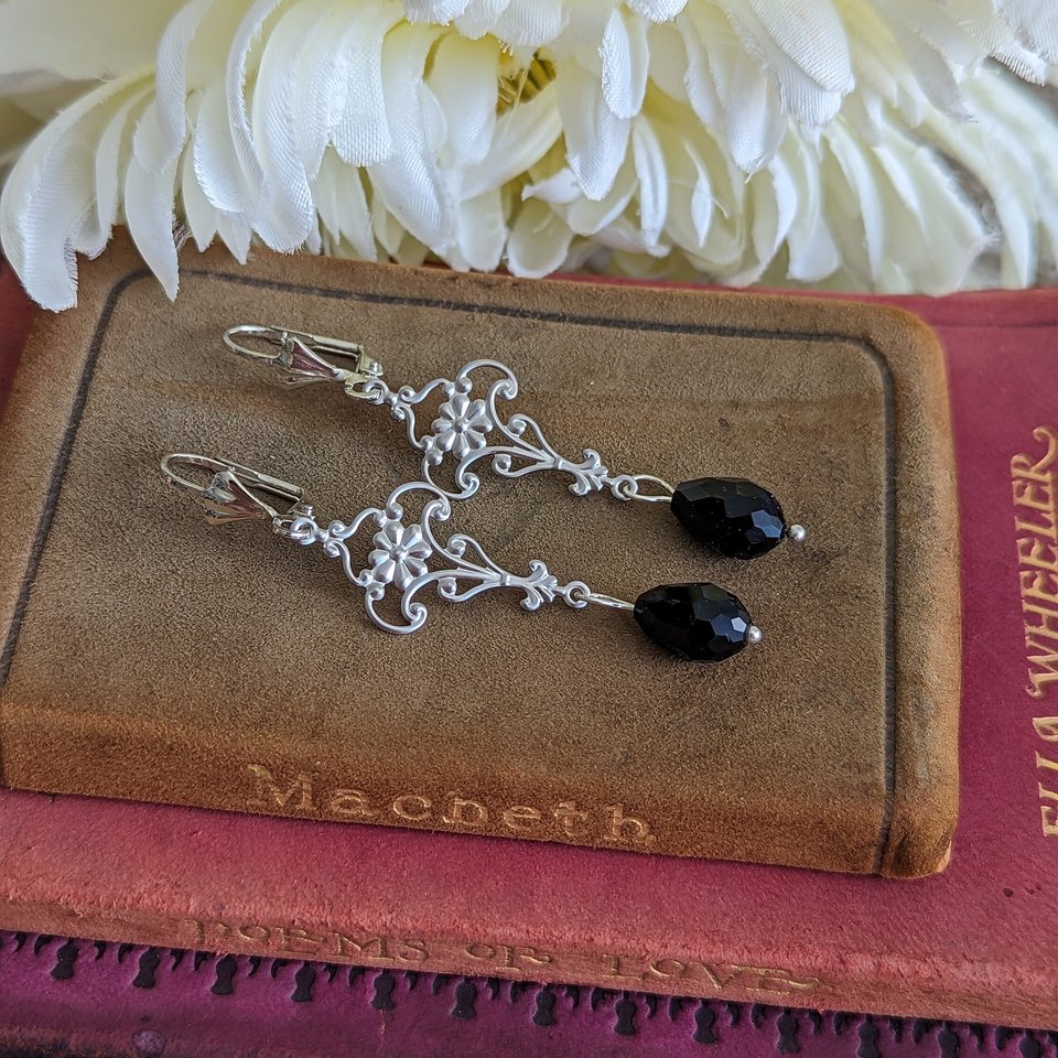 Gothic Black Bead Earrings, Silver Floral Earrings, Victorian Jewelry, Regency Era, Vintage Style