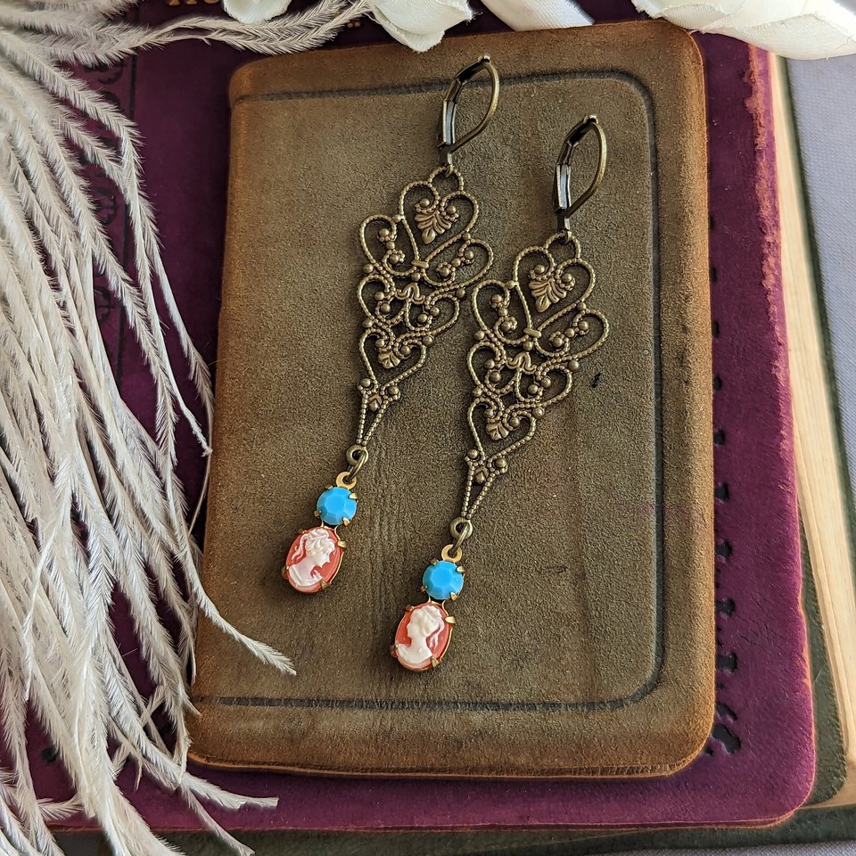 Long Filigree Cameo Earrings, Victorian Inspired Jewelry Gift for Her