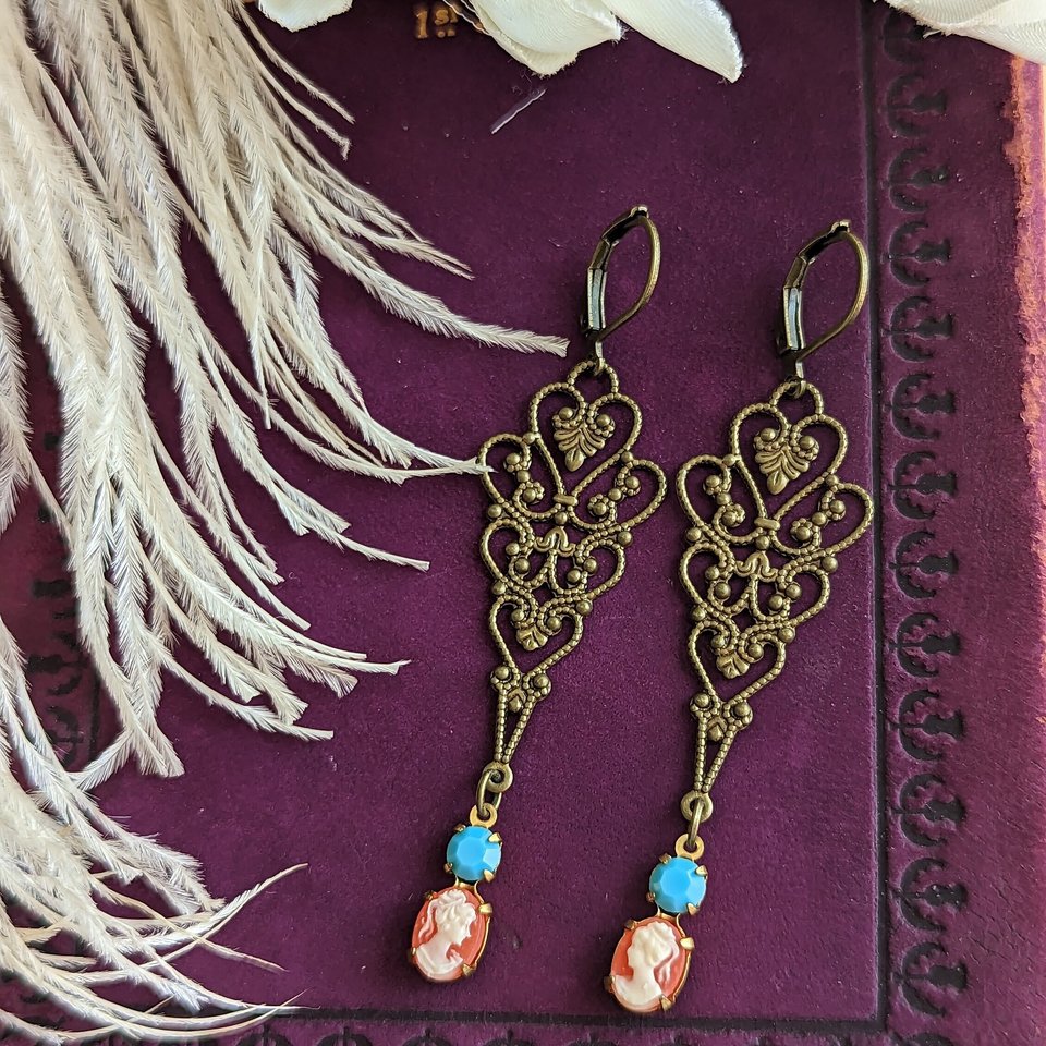 Long Filigree Cameo Earrings, Victorian Inspired Jewelry Gift for Her