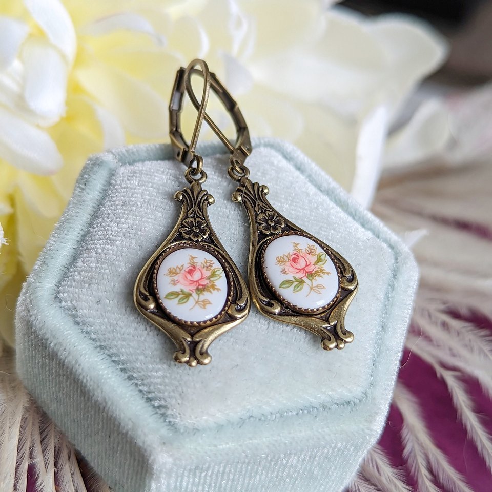 Pink Rose Earrings, Regency Era Earrings, Pink Flower Limoges Jewelry, Vintage Inspired, Botanical Floral Jewelry