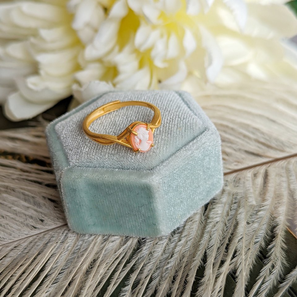 Matte Gold Cameo Ring, Gold Vermeil Sterling Silver Adjustable ring, Modern Vintage Chic Jewelry,  Gift for Her