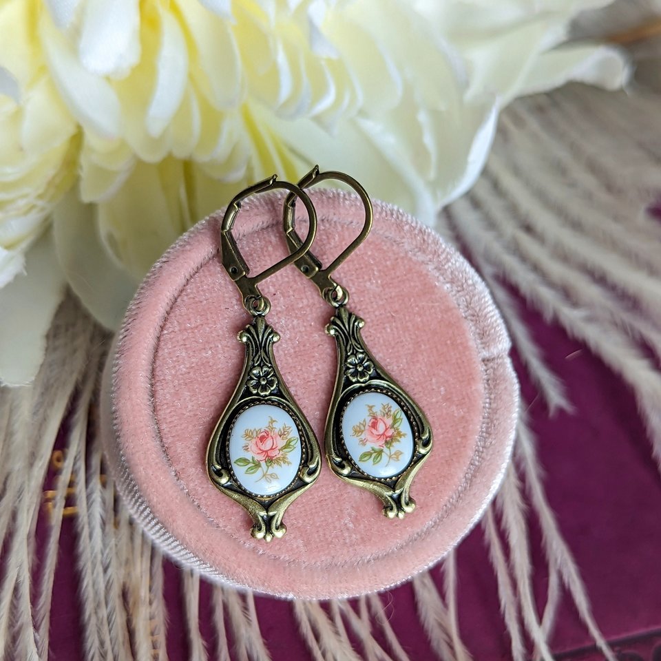 Pink Rose Earrings, Regency Era Earrings, Pink Flower Limoges Jewelry, Vintage Inspired, Botanical Floral Jewelry