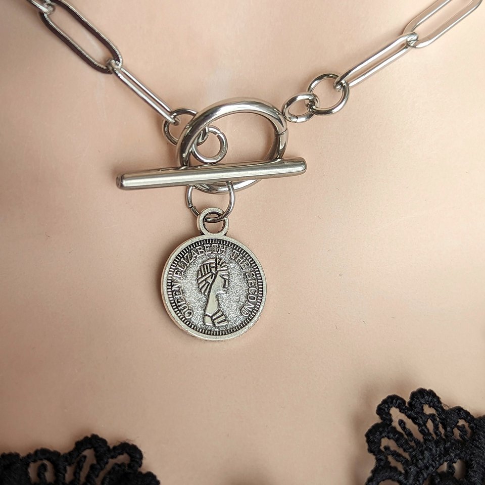 Silver Coin Choker, Toggle Paperclip Chain Necklace, Women's Jewelry Gift