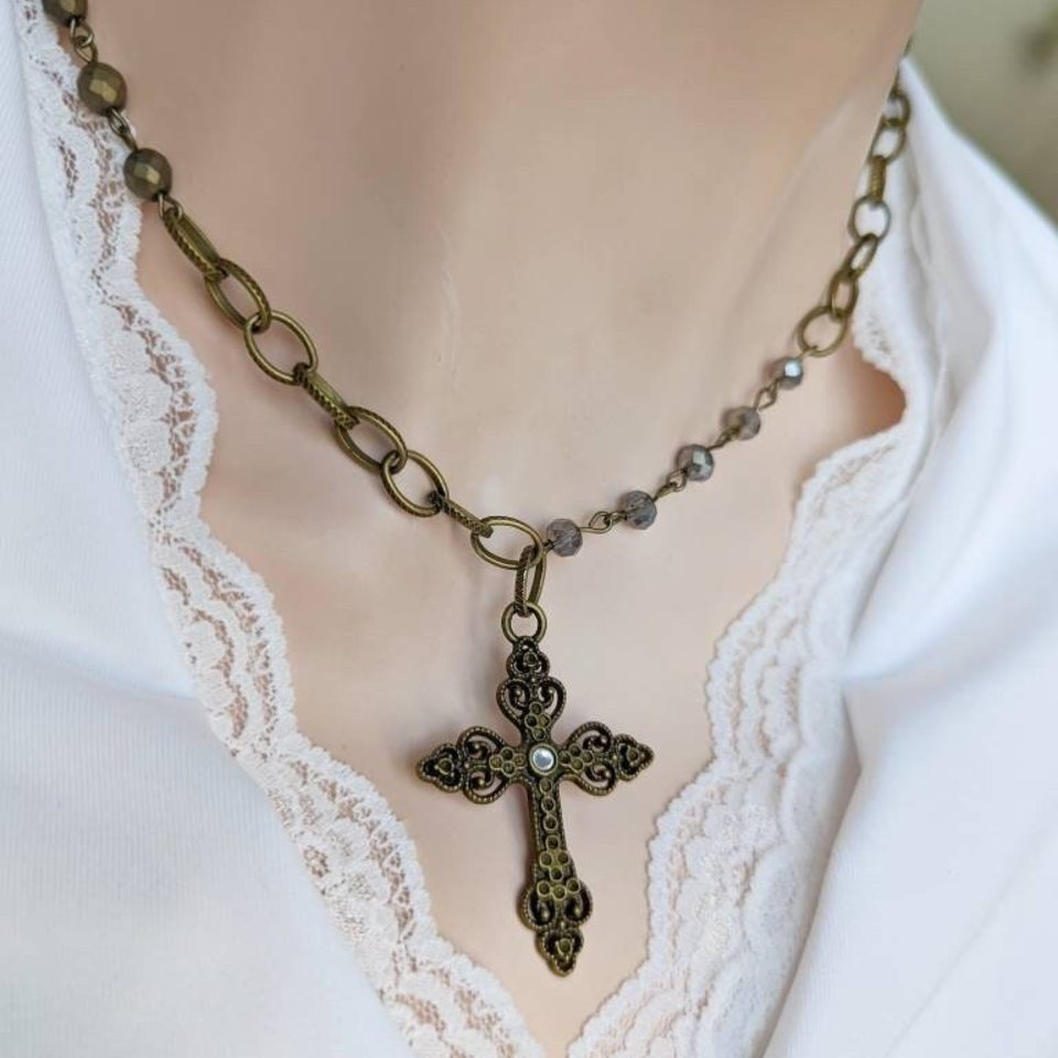 Gothic Rosary Necklace, Asymmetrical Beaded Crucifix, Ornate Statement Jewelry, Antiqued Brass Jewelry, Gift for Girlfriend