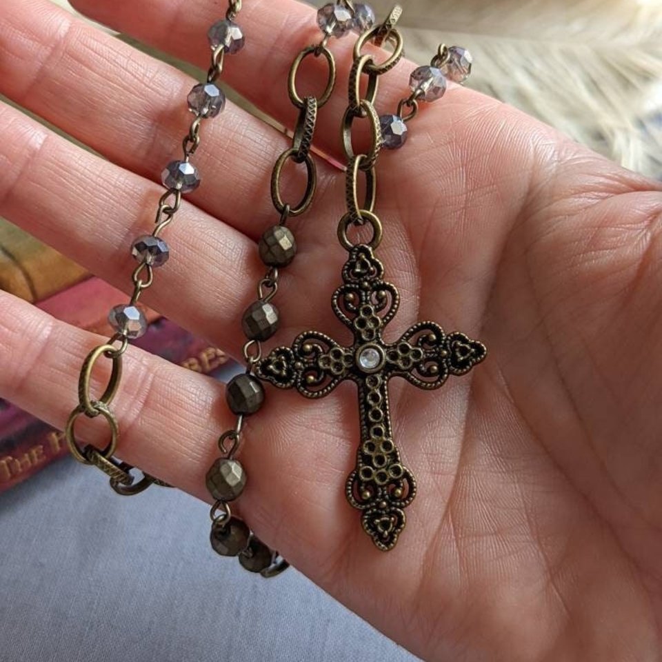 Gothic Rosary Necklace, Asymmetrical Beaded Crucifix, Ornate Statement Jewelry, Antiqued Brass Jewelry, Gift for Girlfriend