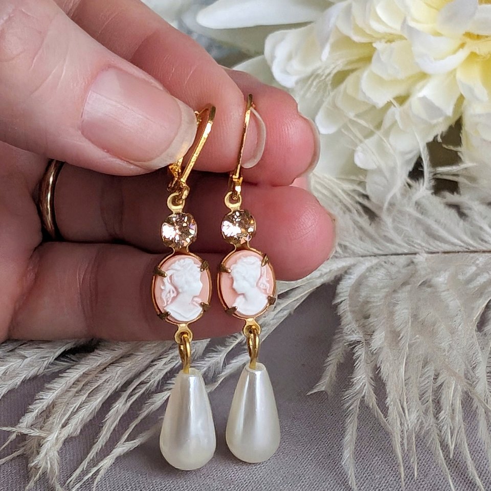 Pink Cameo Pearl Earrings, Victorian Jewelry, Romantic Vintage Style, Regency Jewelry, Pearlcore, Girlfriend Gift