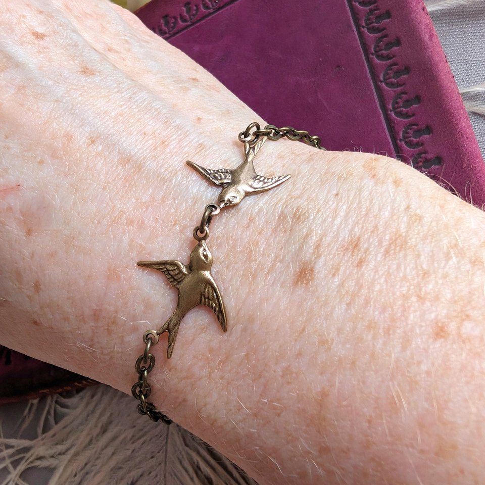 Dainty Bird Bracelet, Flying Swallows, Minimalist Jewelry, Two Birds, Wife Anniversary Gift