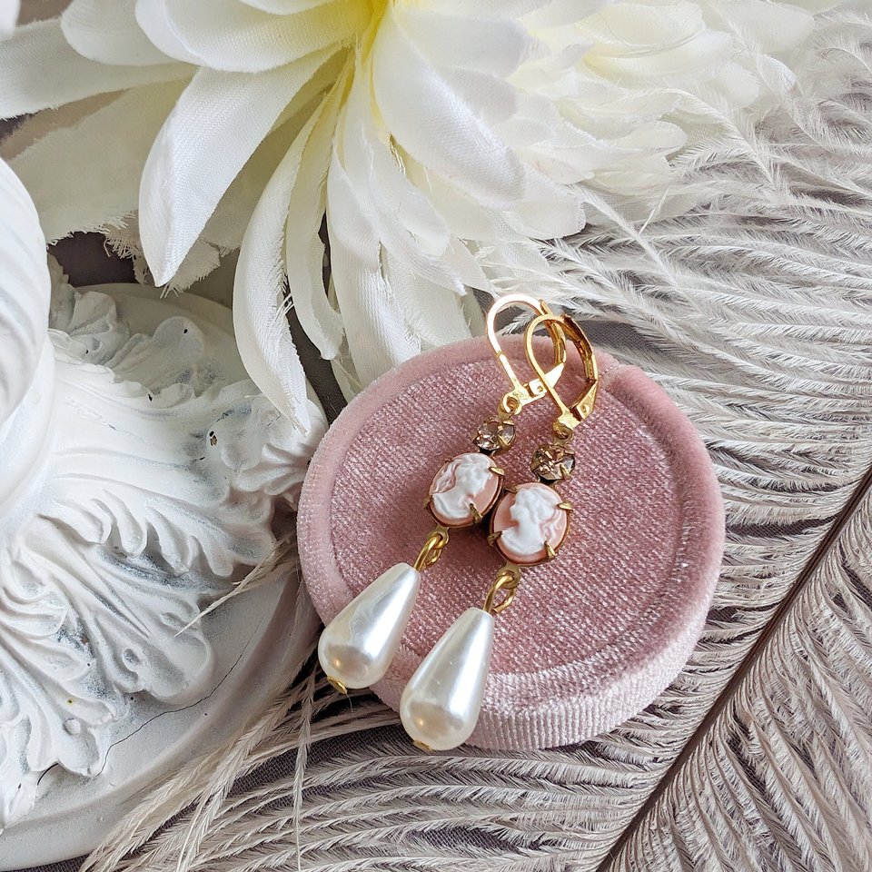 Pink Cameo Pearl Earrings, Victorian Jewelry, Romantic Vintage Style, Regency Jewelry, Pearlcore, Girlfriend Gift