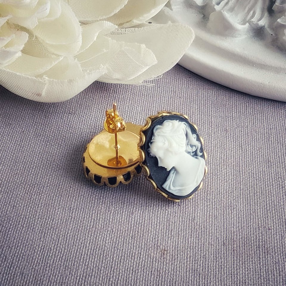 Lady Cameo Post Earrings, Large Vintage Style Studs, Victorian Jewelry, Gift for Historical Fiction Book lover