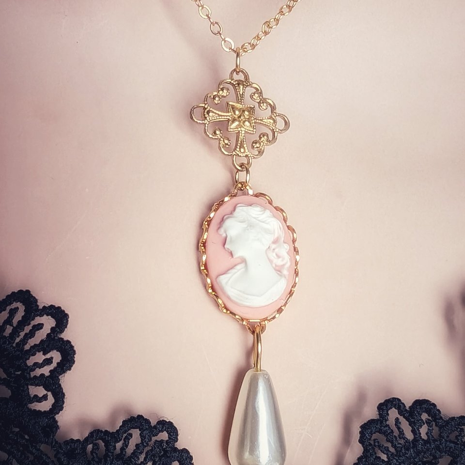 Pink Cameo Pearl Necklace, 14K Gold Plated, Historical Costume Jewelry, Romantic Vintage Inspired Pendant, Gift for Wife