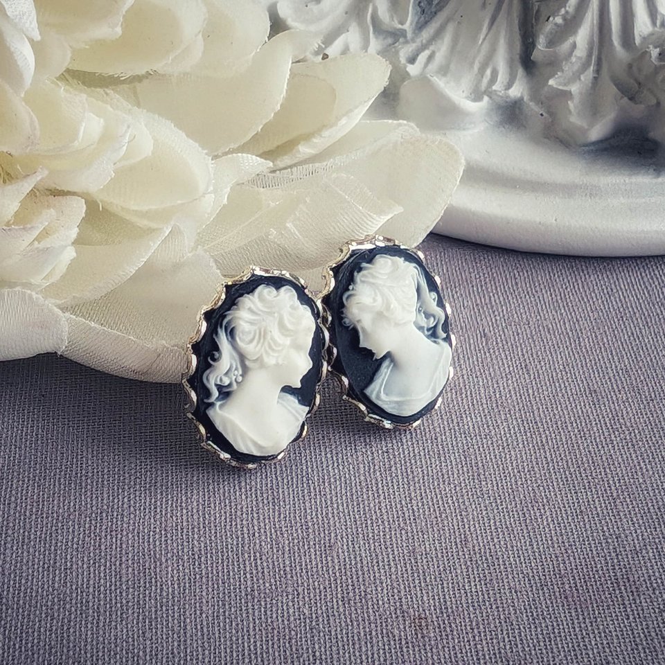 Lady Cameo Post Earrings, Large Vintage Style Studs, Victorian Jewelry, Gift for Historical Fiction Book lover