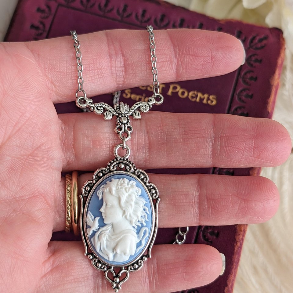 Blue & White Lady Cameo Necklace, Handcrafted Statement Jewelry, Victorian Inspired Accessory, Unique Gift for Her