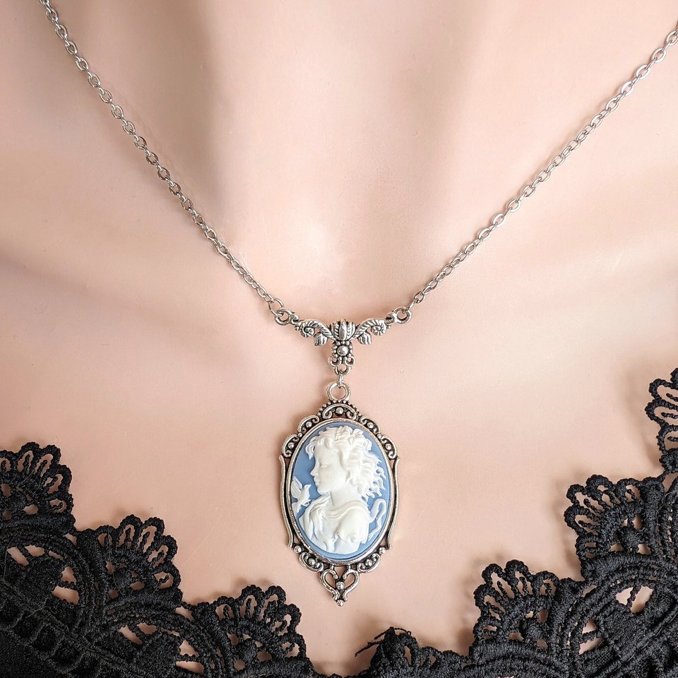 Blue White Lady Cameo Necklace Handcrafted Statement Jewelry Victorian Inspired Accessory Unique Gift for Her