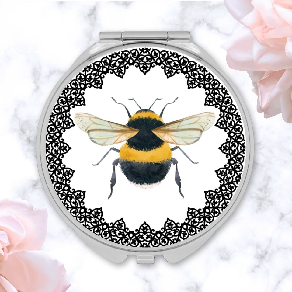 Round Silver Compact With Bumblebee Design, Handy Purse Accessories, On The Go Make Up Pocket Mirror, Bridesmaid Gifts