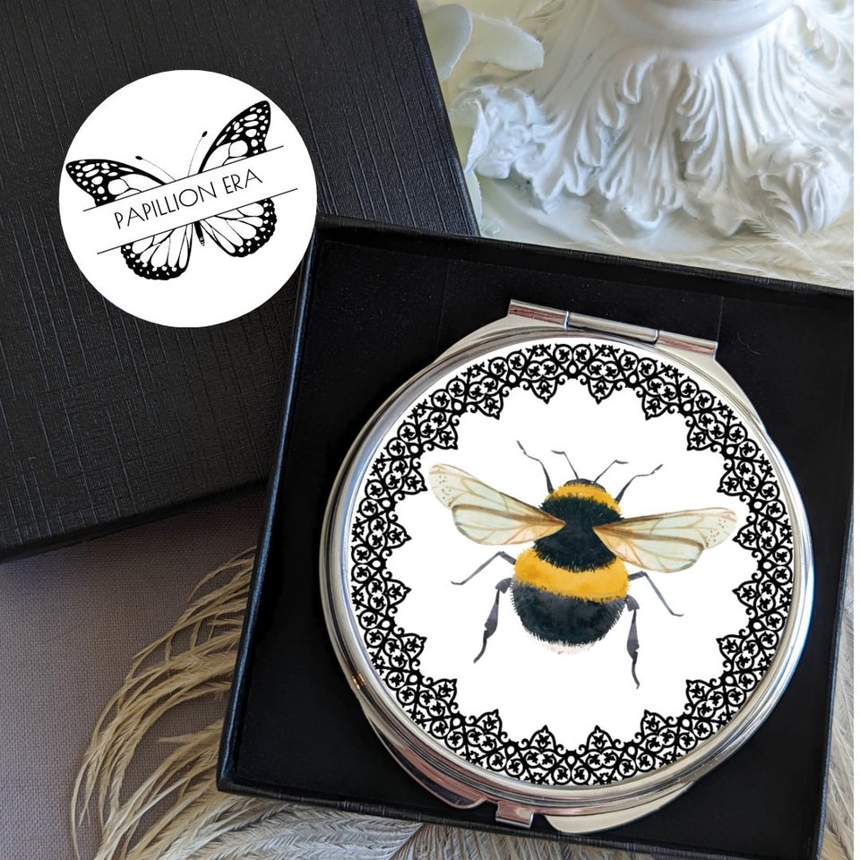 Round Silver Compact With Bumblebee Design, Handy Purse Accessories, On The Go Make Up Pocket Mirror, Bridesmaid Gifts