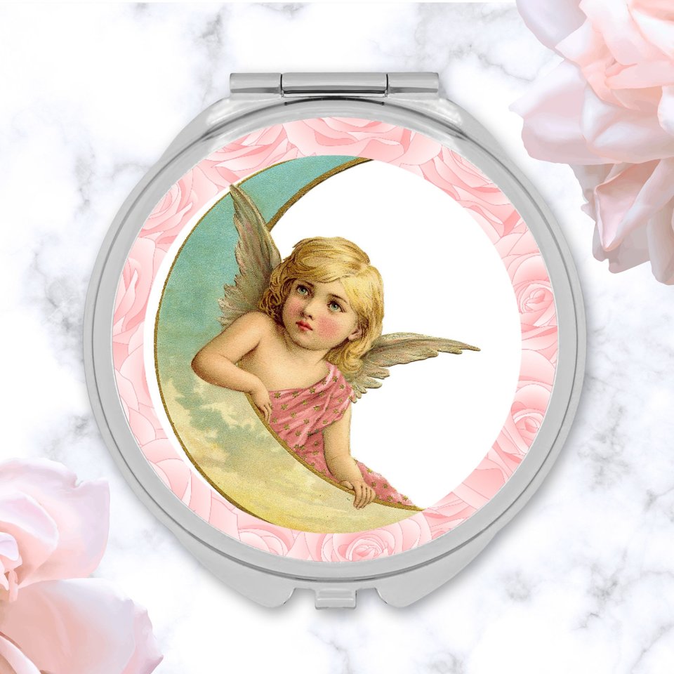 Round Silver Compact Mirror with Angel with Golden Wings on Crescent Moon, Elegant Celestial Pocket Mirror, Handy Purse Accessories