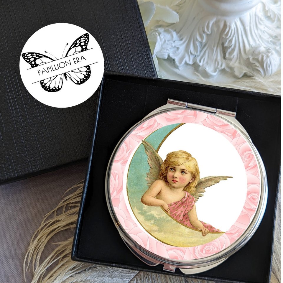 Round Silver Compact Mirror with Angel with Golden Wings on Crescent Moon, Elegant Celestial Pocket Mirror, Handy Purse Accessories