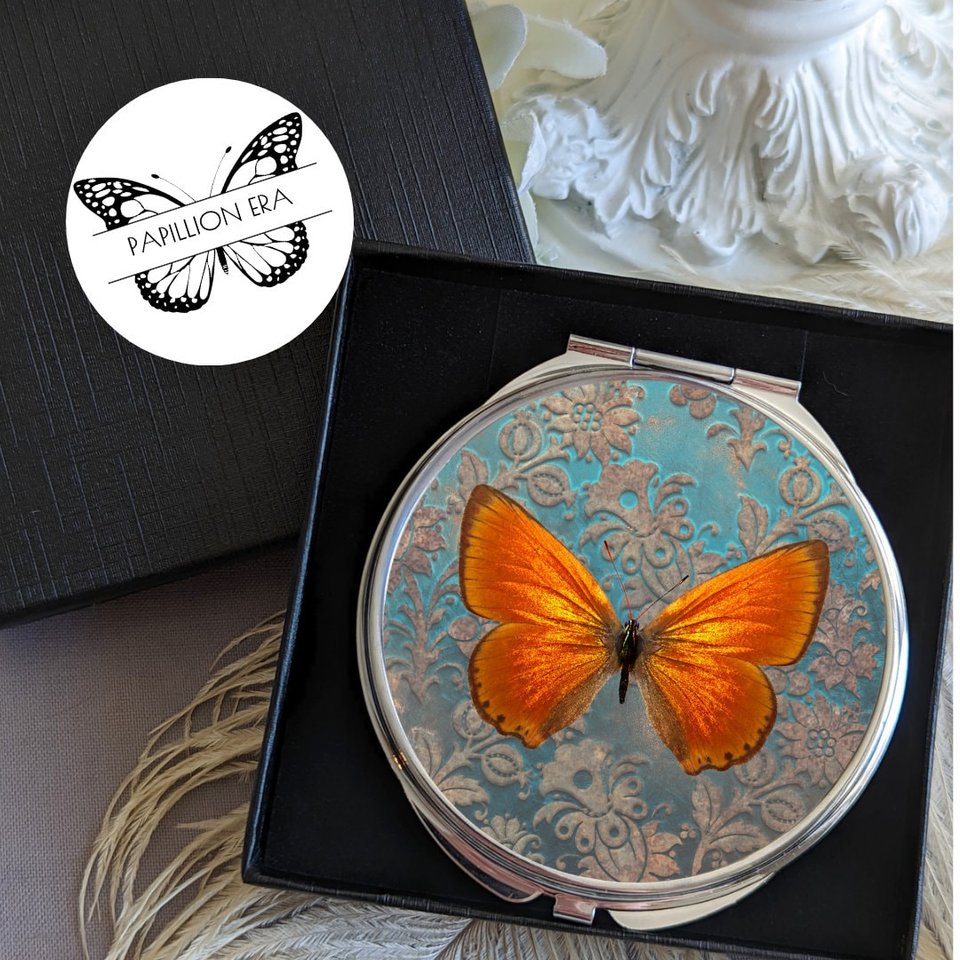 Round Silver Compact Mirror with Orange Butterfly Design, Elegant Vanity Accessory and Whimsical Gift for Butterfly Lovers