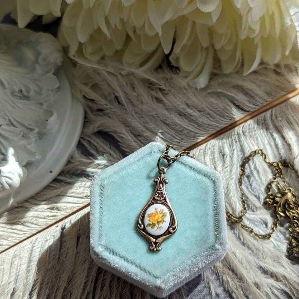 Yellow Rose Necklace, Floral Limoges Pendant, Regency Era Jewelry Gift for Her, Historical Fiction Reader Gift