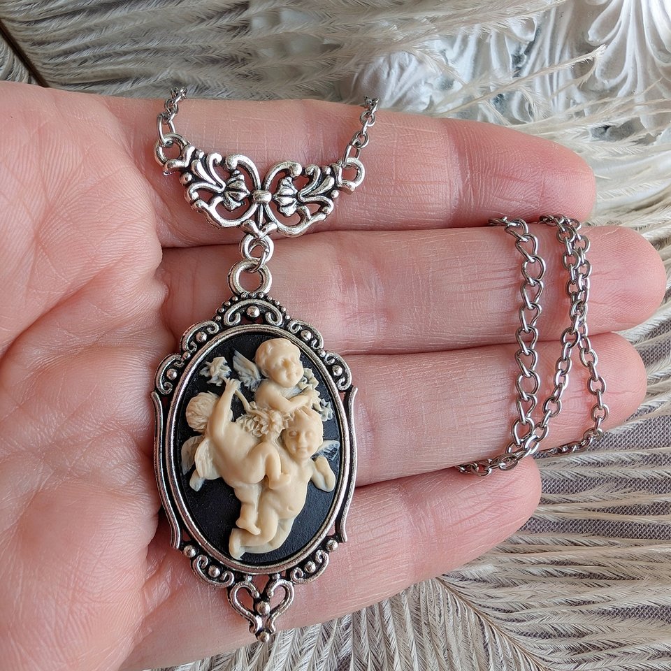 Cherubim Cameo Necklace, Ivory on Black Cameo of Three Winged Cherubs in Antiqued Silver, Baby Angel Jewelry, Graduation Gift, Sister Gift