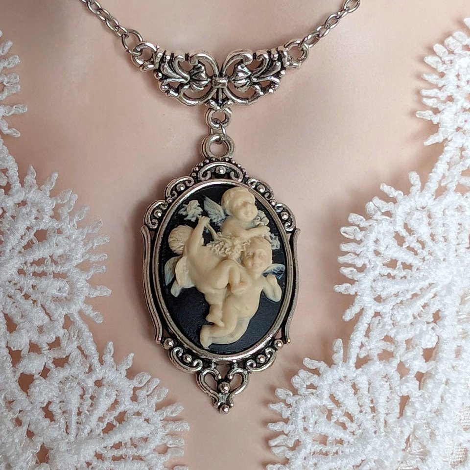 Cherubim Cameo Necklace, Ivory on Black Cameo of Three Winged Cherubs in Antiqued Silver, Baby Angel Jewelry, Graduation Gift, Sister Gift