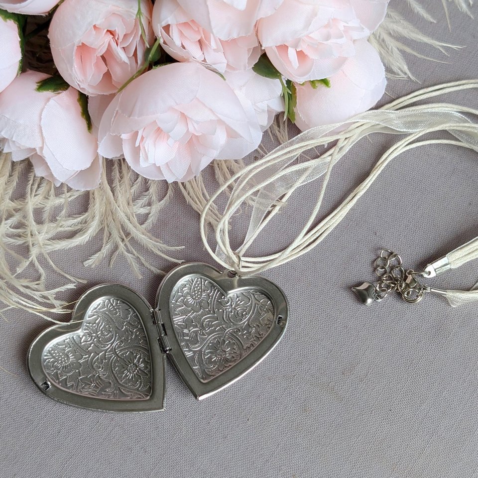 Puffy Heart Choker Necklace, Silver Photo Locket Memory Pendant, Keepsake Gift for Her
