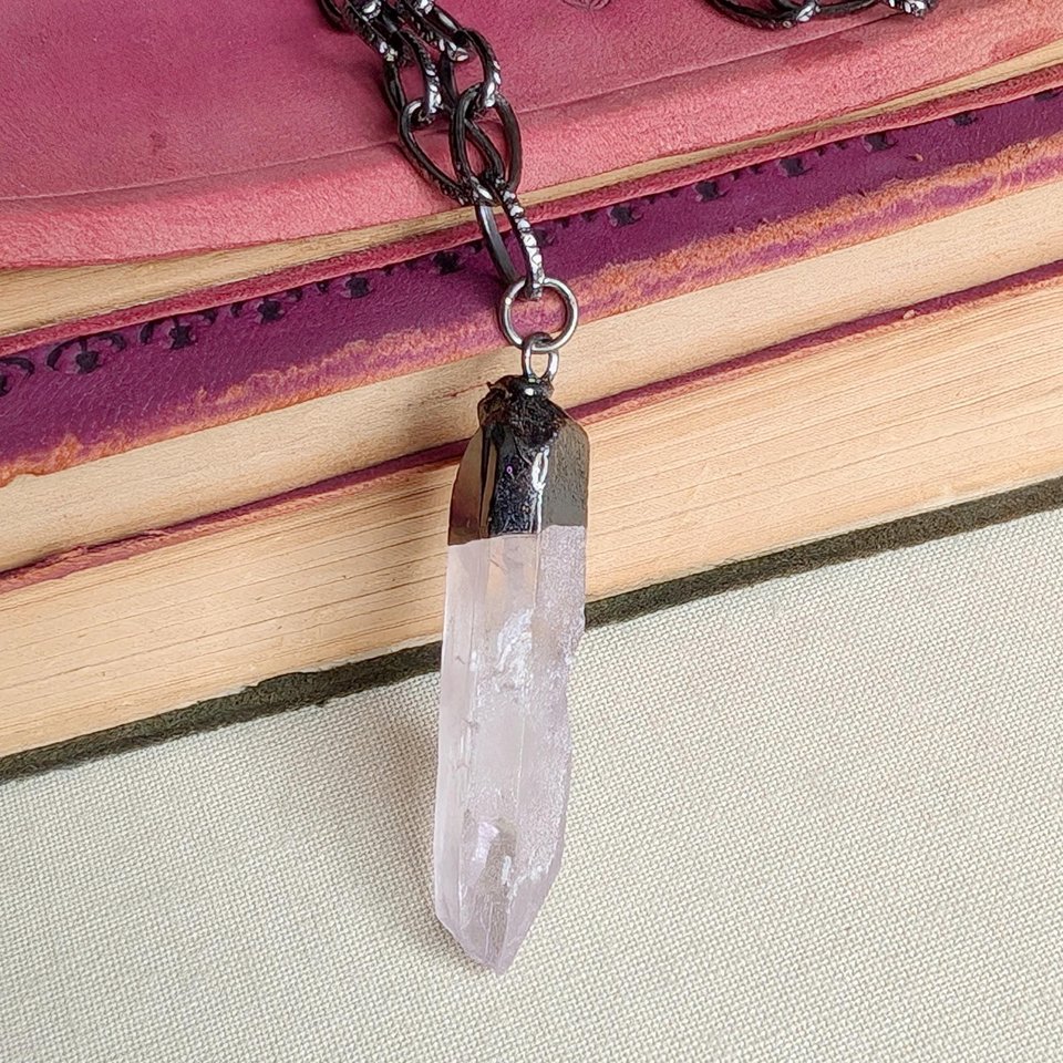 Raw Crystal Quartz Point Pendant with Electroplated Gunmetal and Paperclip Chain, Edgy Statement Jewelry for Boho and Crystal Lovers