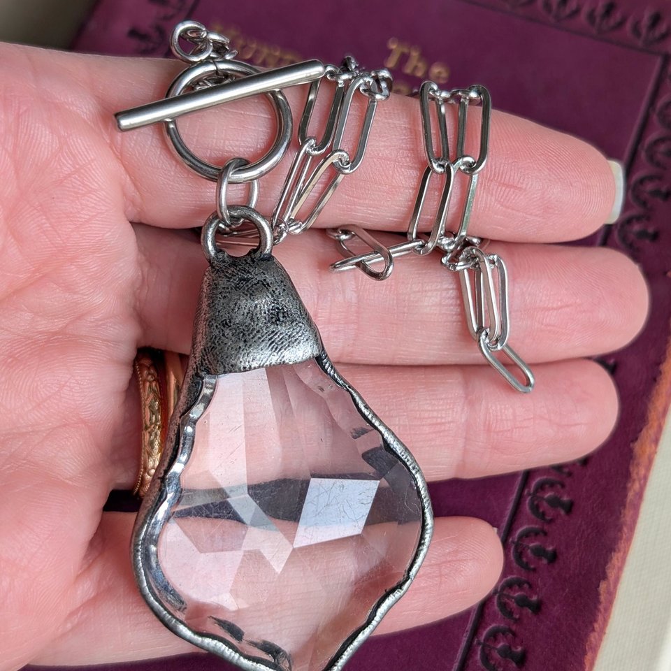 Clear Crystal Teardrop Pendant with Antiqued Silver Solder on Paperclip Chain with Toggle Closure, Edgy Statement Necklace