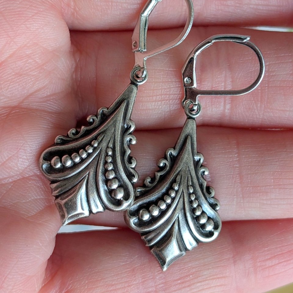 Antiqued Silver Art Deco Earrings, Vintage Inspired Jewelry, Historical Costume, Gift for Her