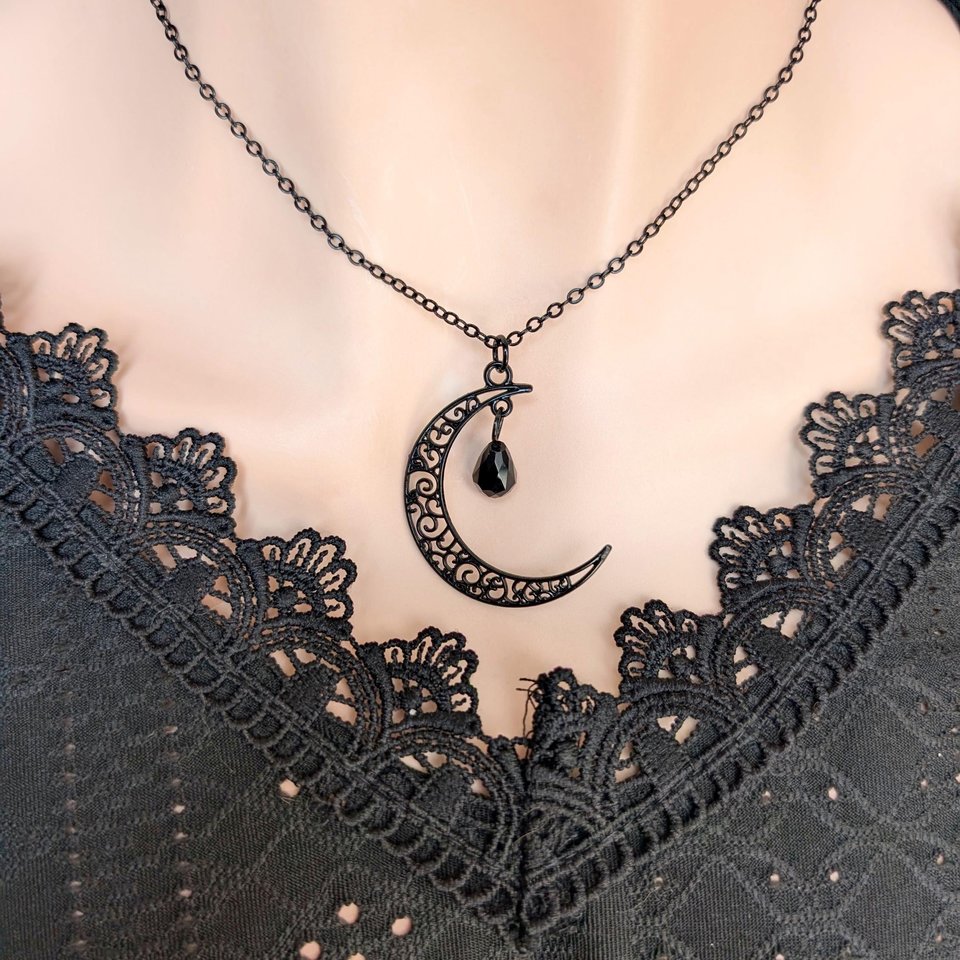 Black Crescent Moon Necklace with Faceted Black Crystal, Gothic Boho Jewelry, Celestial Pendant, Witchy Gift for Her