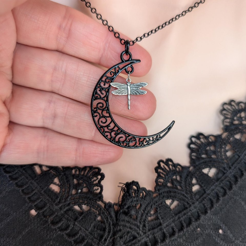 Black Crescent Moon Necklace with Silver Dragonfly Pendant, Celestial Jewelry, Moon and Dragonfly Charm, Gothic Boho Necklace