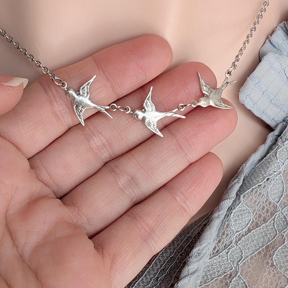 Silver Swallow Necklace, Three Bird Pendant, Minimalist Nature Inspired Jewelry, Symbolic Swallow Charm