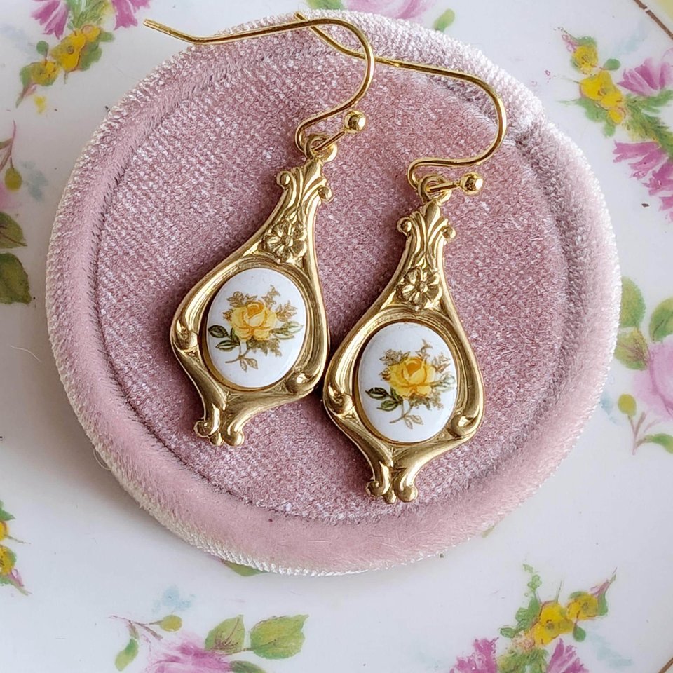 Yellow Rose Limoges Earrings with Golden Teardrop Pendants, Elegant Floral Art Nouveau Jewelry