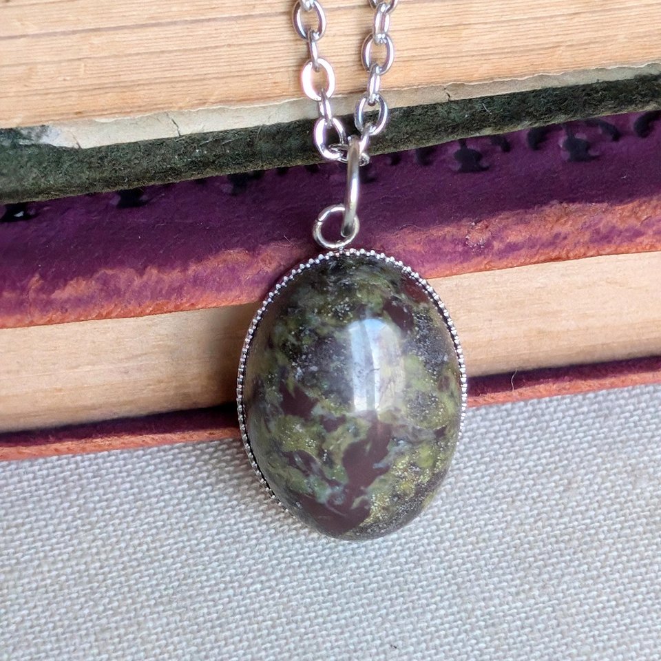 Oval Dragons Blood Jasper Necklace, Natural Stone Pendant, Boho Gemstone Jewelry, Earthy Statement Necklace