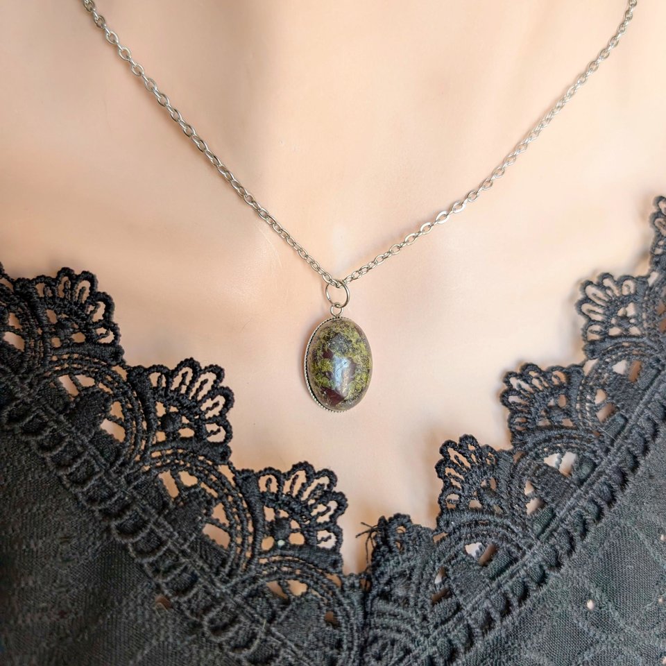 Oval Dragons Blood Jasper Necklace, Natural Stone Pendant, Boho Gemstone Jewelry, Earthy Statement Necklace