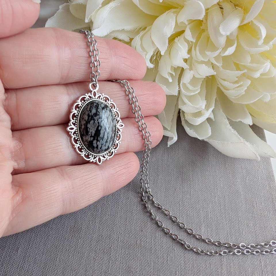 Snowflake Obsidian Necklace, Natural Stone Pendant, Healing Crystal Jewelry, Black and White Gemstone Necklace