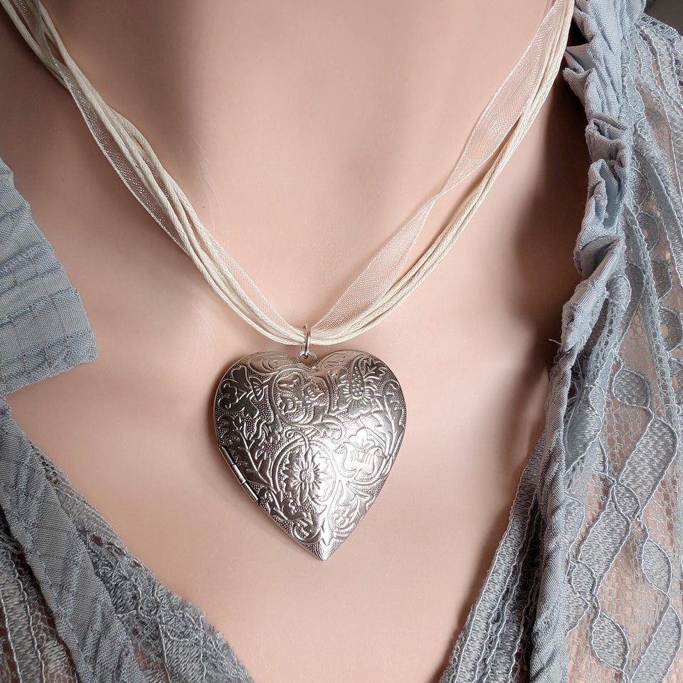 Puffy Heart Choker Necklace, Silver Photo Locket Memory Pendant, Keepsake Gift for Her