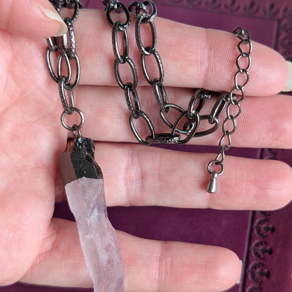 Raw Crystal Quartz Point Pendant with Electroplated Gunmetal and Paperclip Chain, Edgy Statement Jewelry for Boho and Crystal Lovers